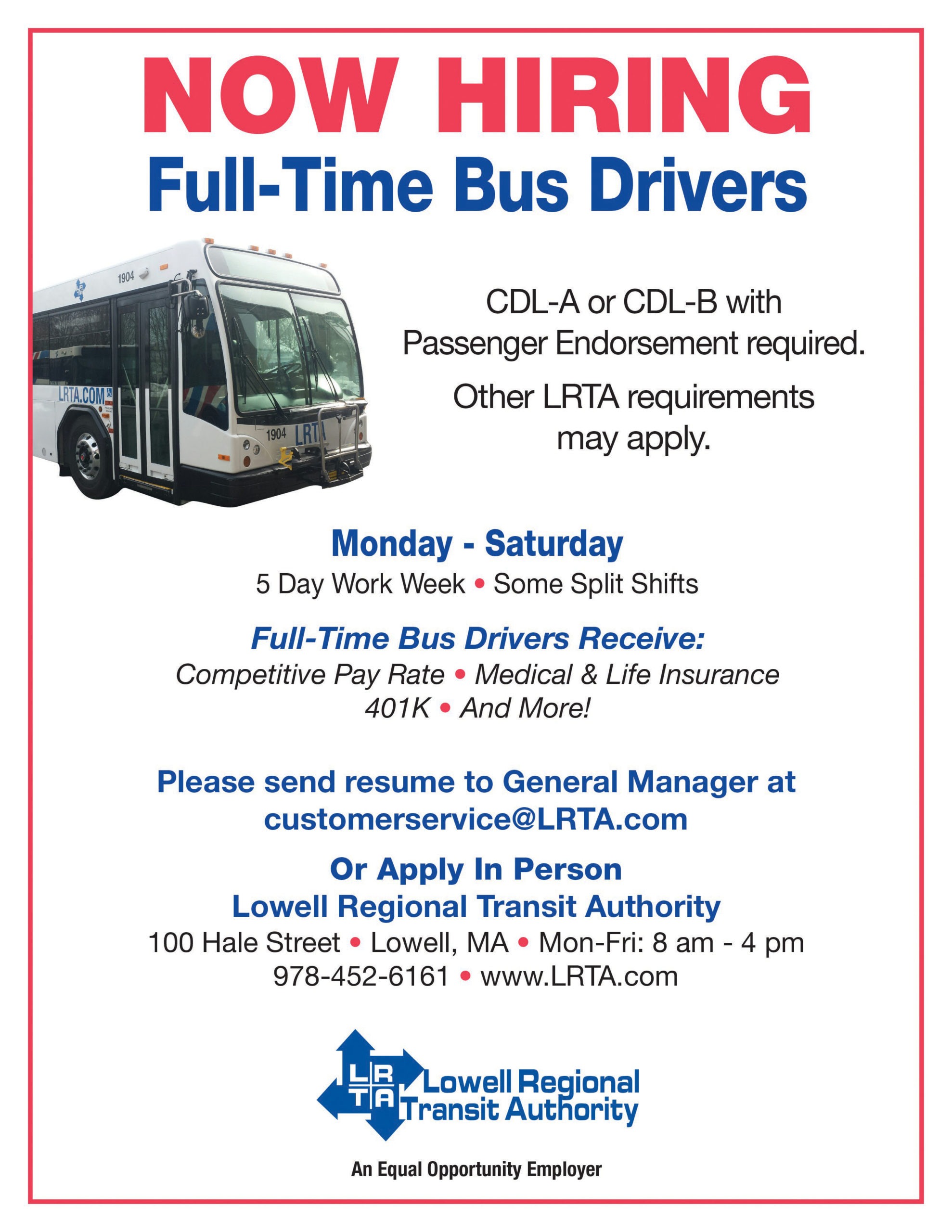 FullTime Drivers LRTA Fixed Route Bus Service Lowell Regional